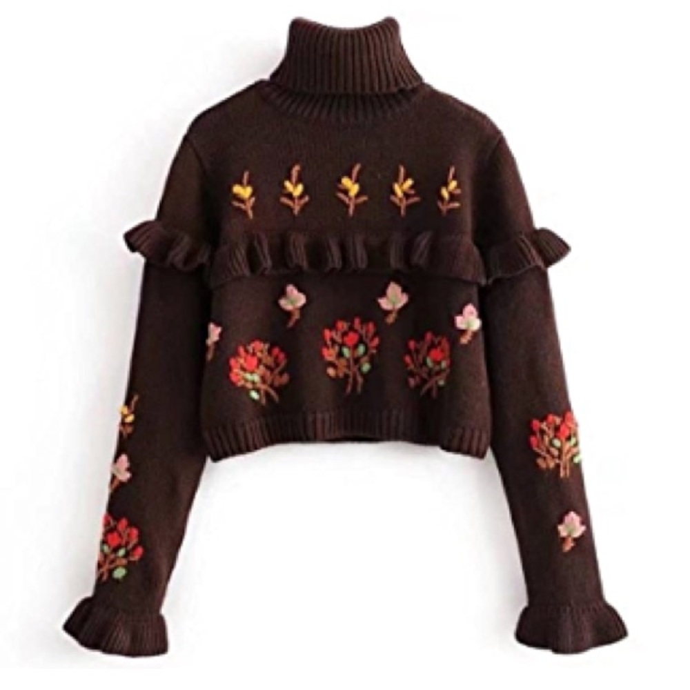 🦋 Bloggers Favorite 🦋 NWT Zara Brown Ruffled Embroidered Sweater Size S